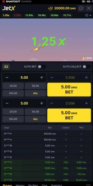 JetX mobile app interface showing live multiplier display, auto-cashout settings, betting controls, and crash game statistics on Kenya betting platform